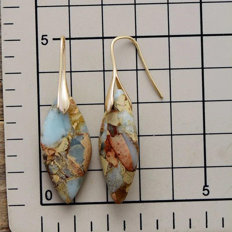 'Jasper' Leaf Gold Dangle Earrings - tan | size guide | Allora Jade