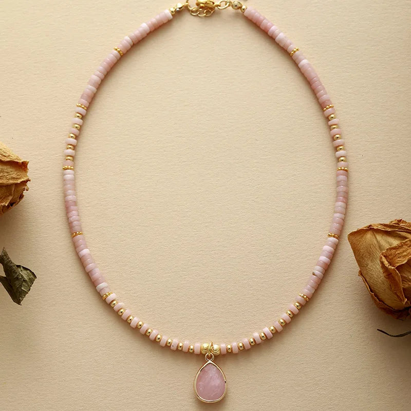 'Aluka' Pink Opal Crystal Charm and Beads Choker Necklace - Allora Jade