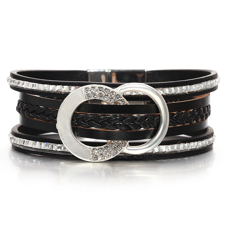 'Moon' Charms and Rhinestones Cuff Bracelet - black - Allora Jade