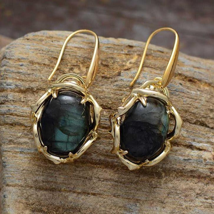 Labradorite Crown Oval Drop Earrings – Handmade labradorite earrings with golden clasp, natural flash of blue-green. | ALLORA JADE