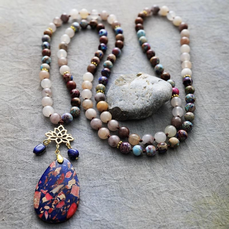 'Lotus Pendant' Agate and Jasper 108 Mala Beads - Allora Jade