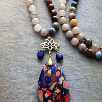 'Lotus Pendant' Agate and Jasper 108 Mala Beads - Allora Jade