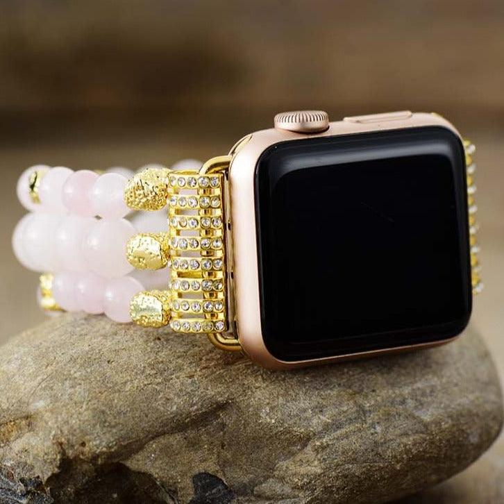 Rose Quartz Gold Beads Stretchy Apple Watch Band - Apple Watch Bands - Allora Jade