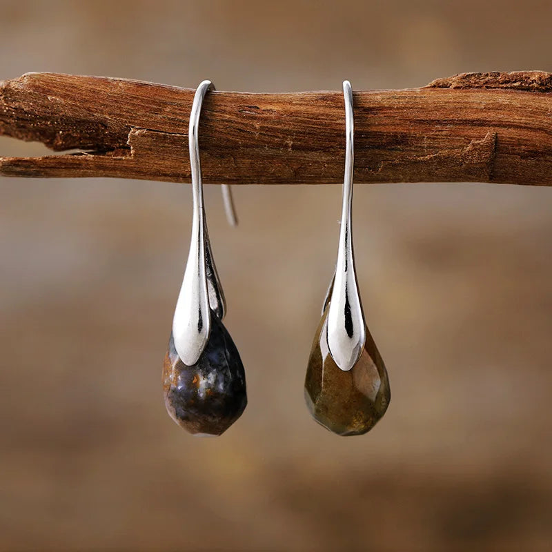 'Baygur' Agate Silver Drop Earrings - ALLORA JADE