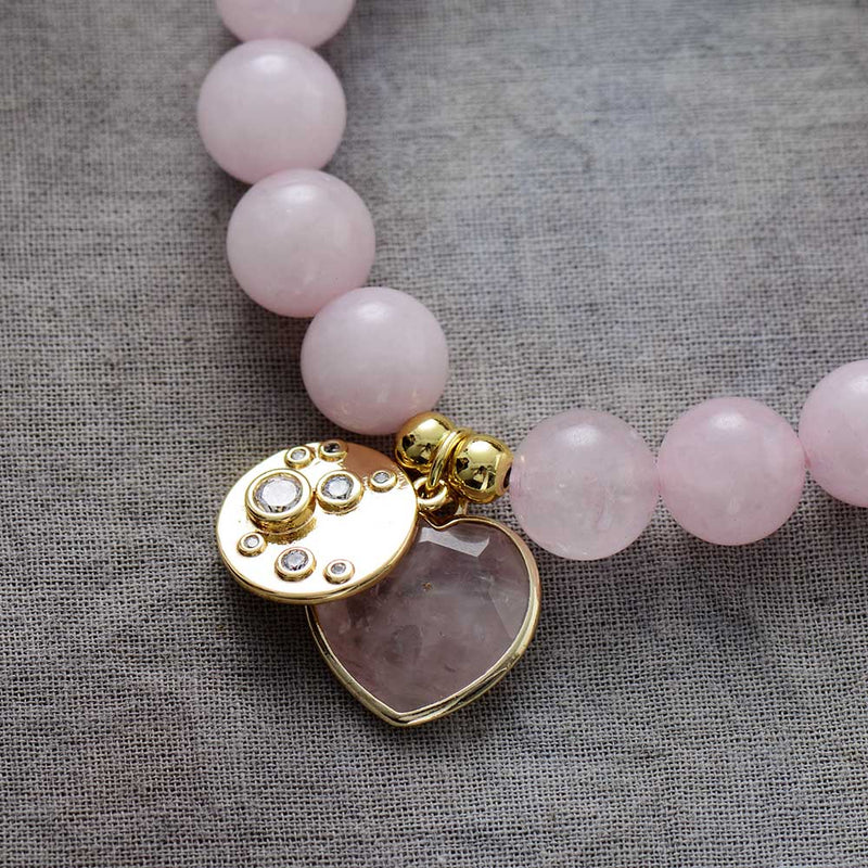 Rose Quartz Heart Charm and Beads Stretchy Bracelet - ALLORA JADE