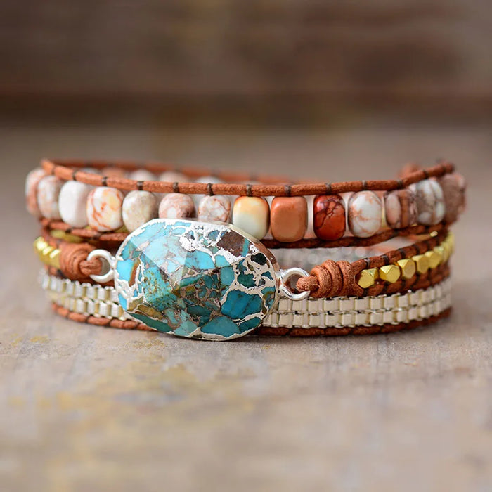 Earthy Jasper with Turquoise Charm Wrap Bracelet | ALLORA JADE