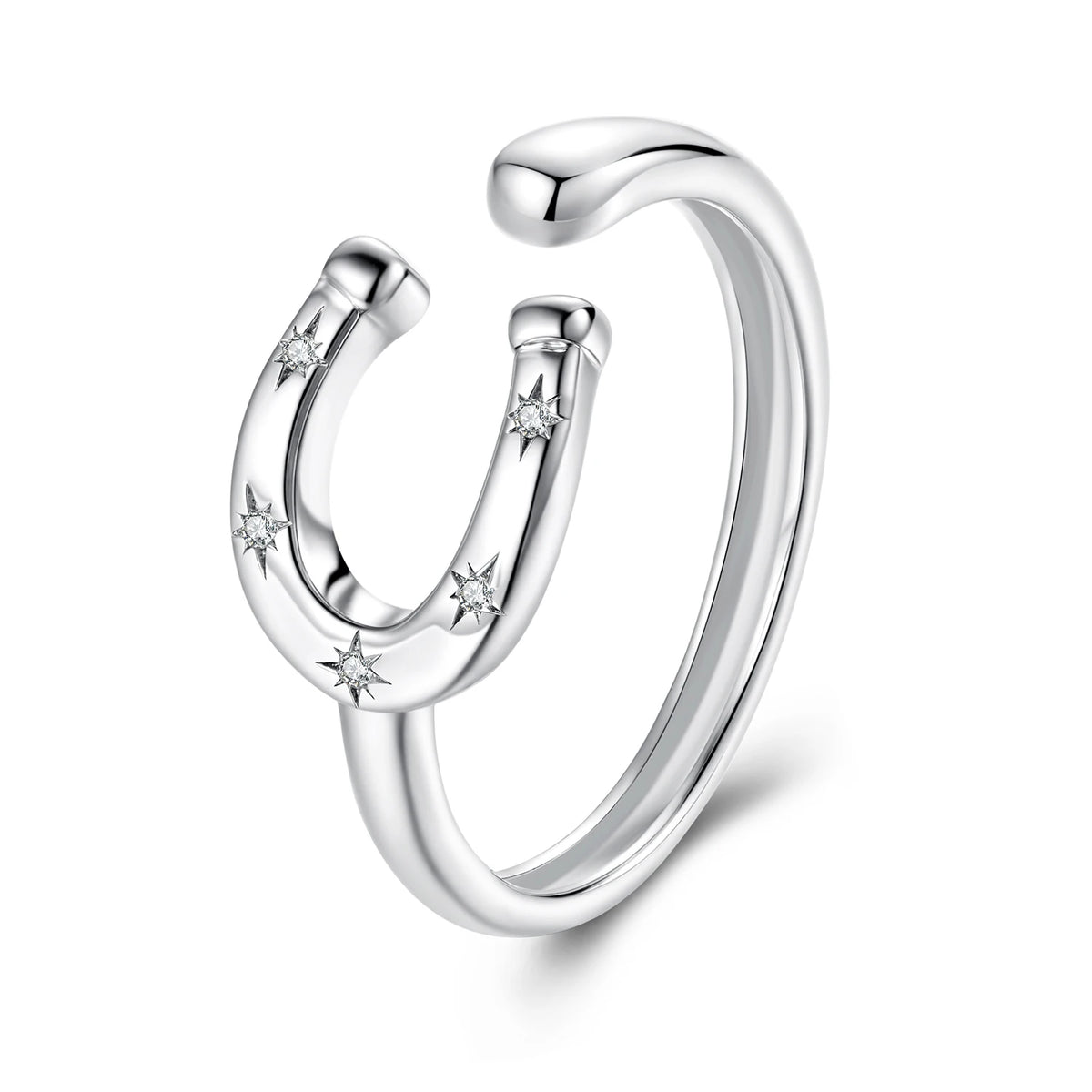 Silver ring with horseshoe design and small diamonds on a white background