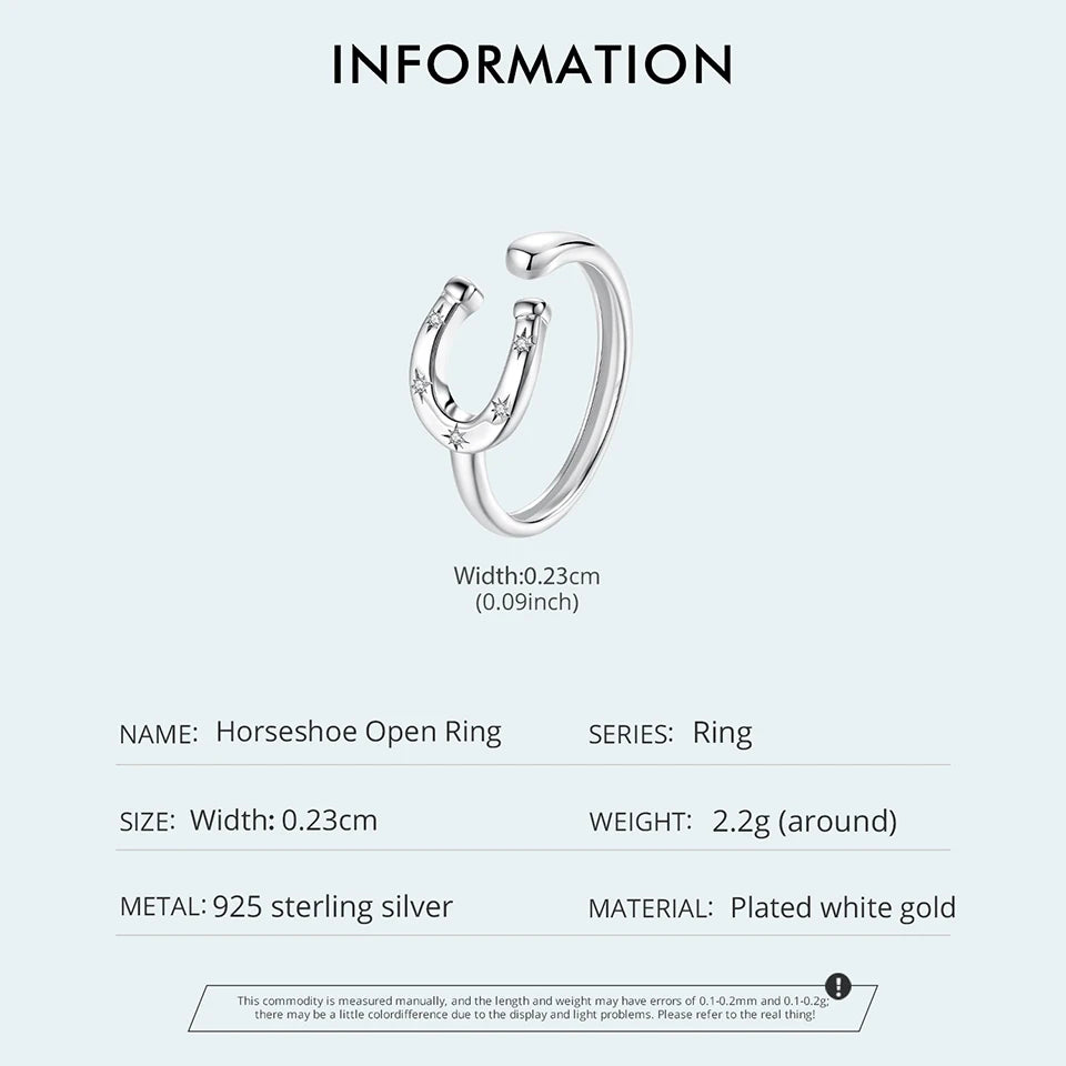 Horseshoe open ring with specifications on a white background