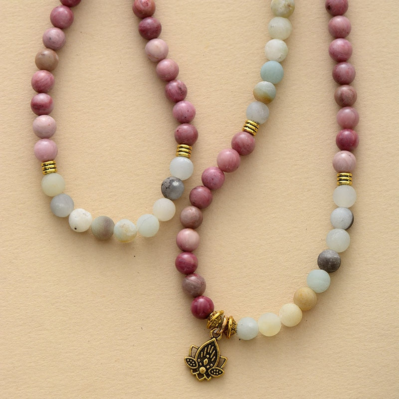 'Lotus' Rhodonite and Amazonite 108 Mala Beads Necklace - Allora Jade