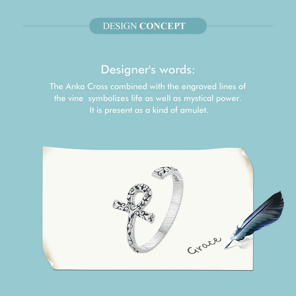 Silver Ring with Anka Cross design on a light blue background