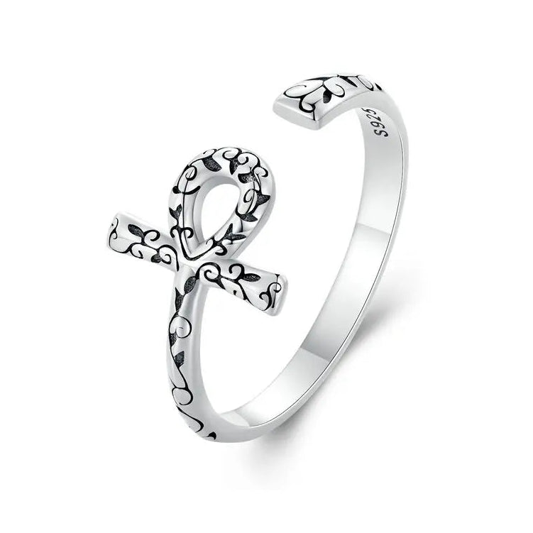 Ankh Egyptian Cross Sterling Silver open ring with intricate designs on a white background
