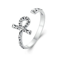 Ankh Egyptian Cross Sterling Silver open ring with intricate designs on a white background