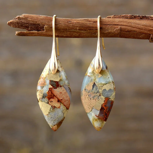 Sandstone Regalite Jasper Leaf Earrings with gold hooks – handmade gemstone jewellery | ALLORA JADE