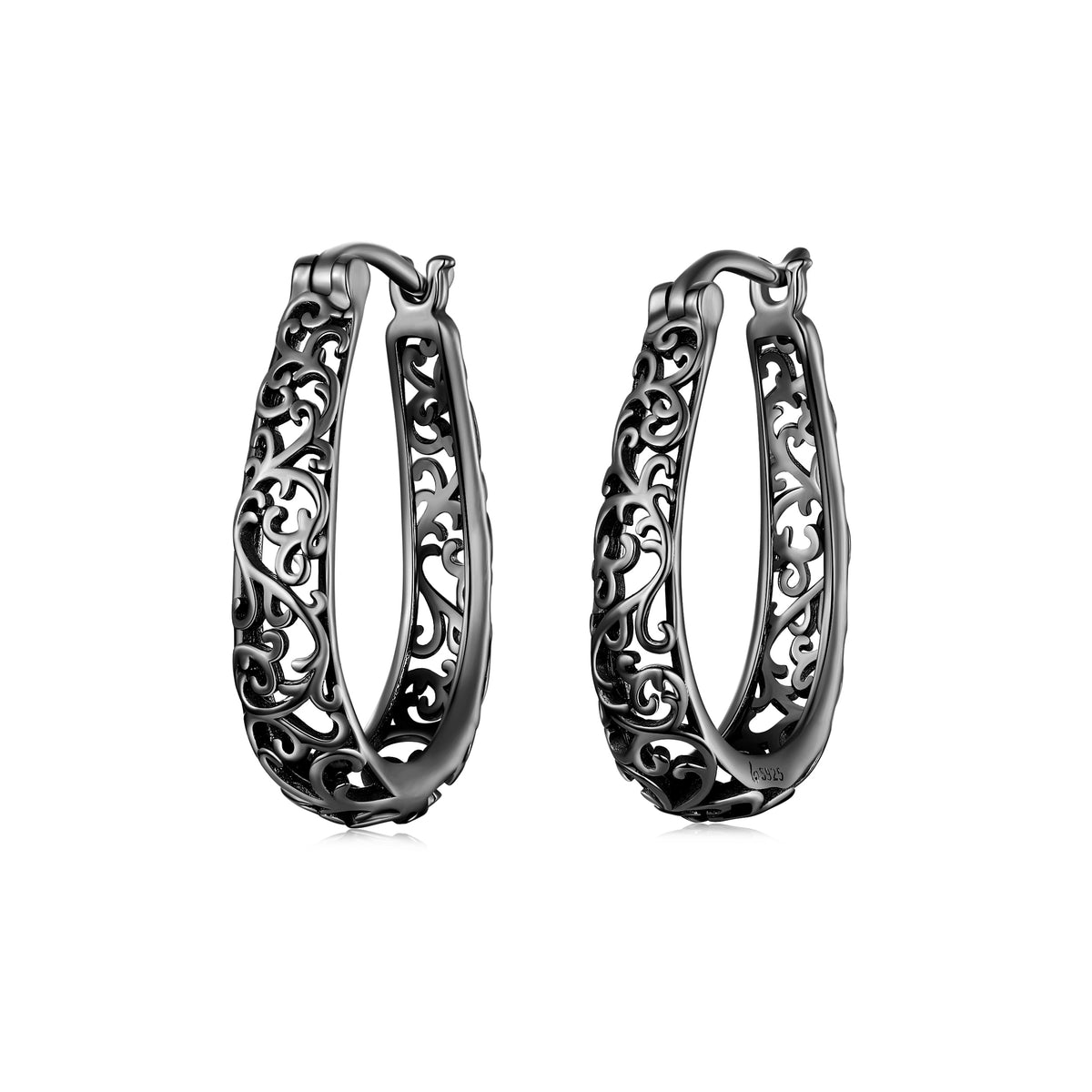 'Vintage Vine' Black Sterling Silver Hoop Earrings - Allora Jade