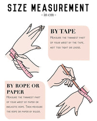 Instructions for measuring wrist size using tape, rope, or paper. ALLORA JADE