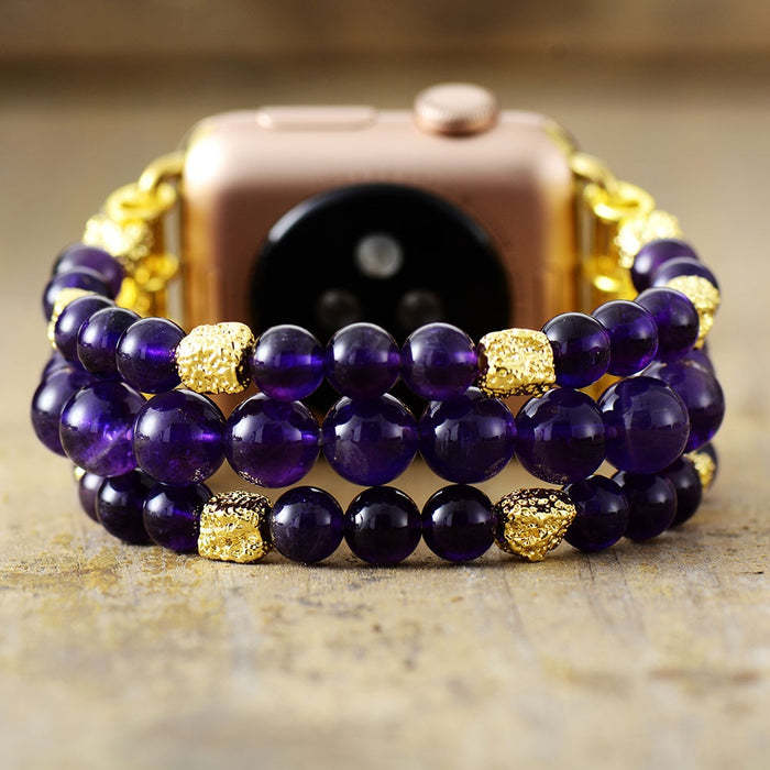 Amethyst Gold Beads Stretchy Apple Watch Band - Allora Jade