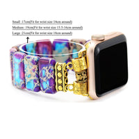 Smartwatch with a colorful beaded band on a white background. Purple Aqua Jasper Stretchy Apple Watch Band - gold | ALLORA JADE