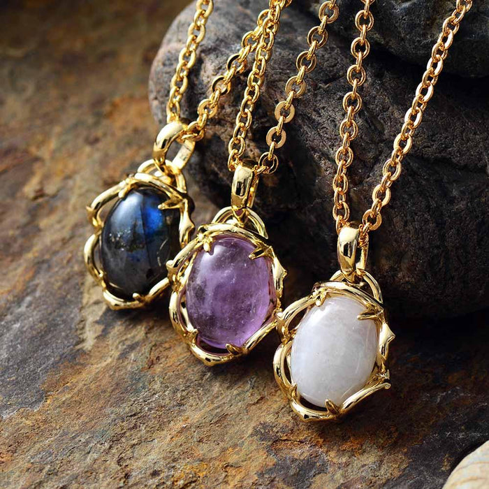 Labradorite, Amethyst and Moonstone Crown Oval Pendant Necklace | ALLORA JADE