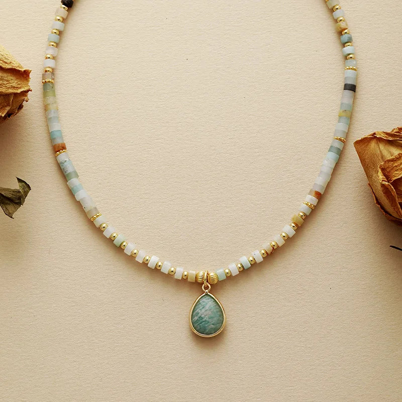 'Aluka' Amazonite Charm and Beads Choker Necklace - Allora Jade