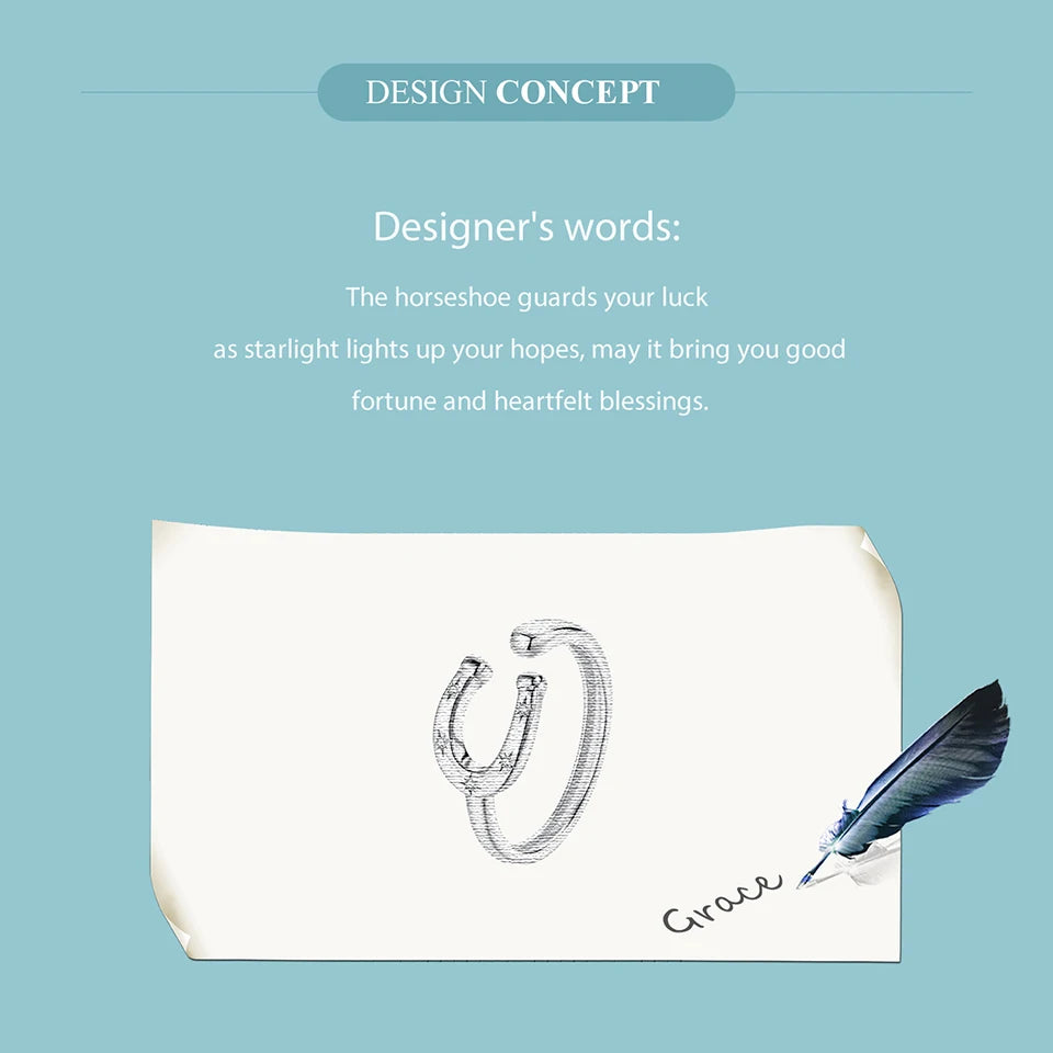 Silver horseshoe-shaped bracelet on a white card with a feather on a light blue background.