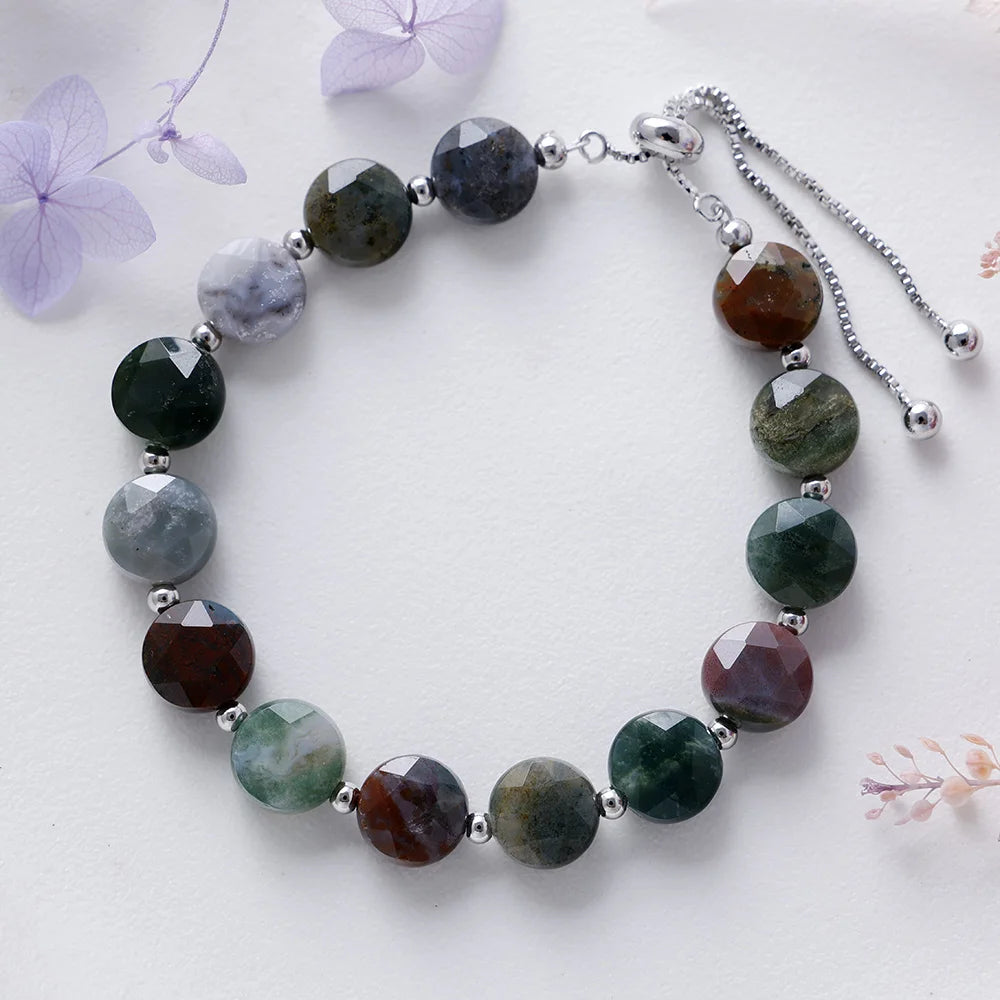 Bracelet with multicoloured Indian Agate beads on a white background