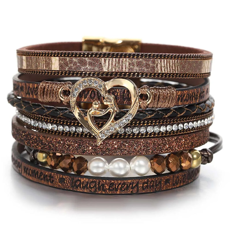 'Inspired Heart' Rhinestones and Beads Bracelet - brown | Allora Jade