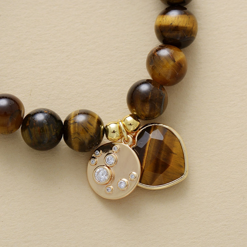 Tiger's Eye Heart Charm and Beads Stretchy Bracelet - ALLORA JADE