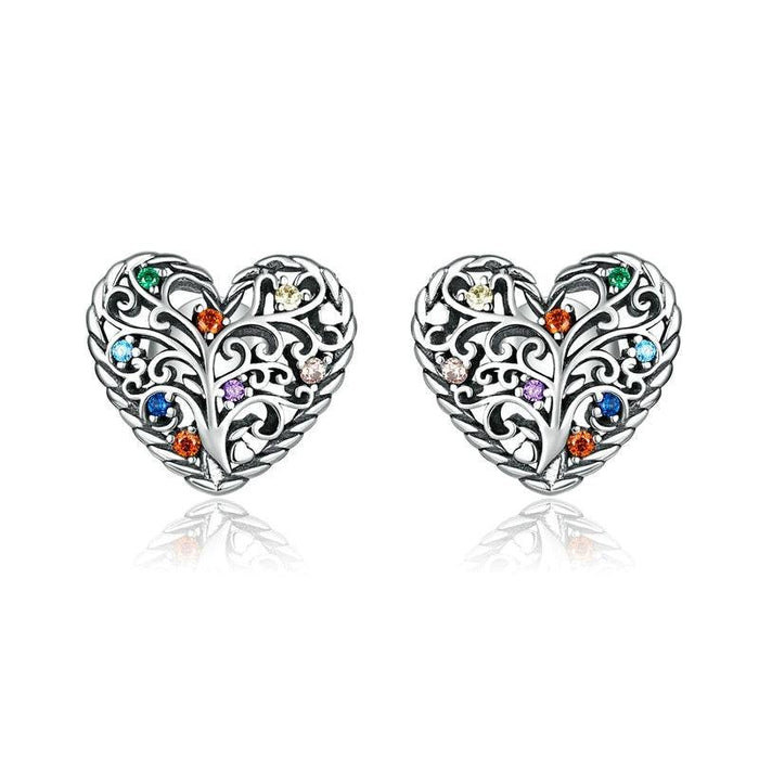 'Tree of Life Hearts' Sterling Silver & CZ Stud Earrings - Sterling Silver Earrings - Allora Jade