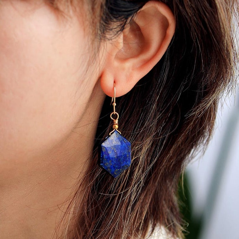 'Hexa' Natural Lapis Lazuli Drop Earrings - Allora Jade