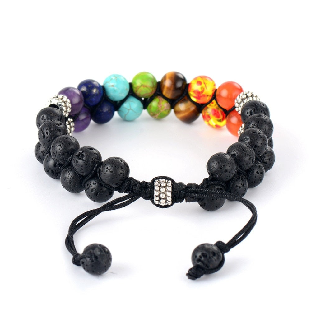 7 Chakra Beads and Lava Stone Cuff Bracelet - Allora Jade