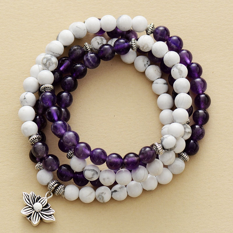 'Lotus' Amethyst and Howlite 108 Mala Beads Necklace - Allora Jade