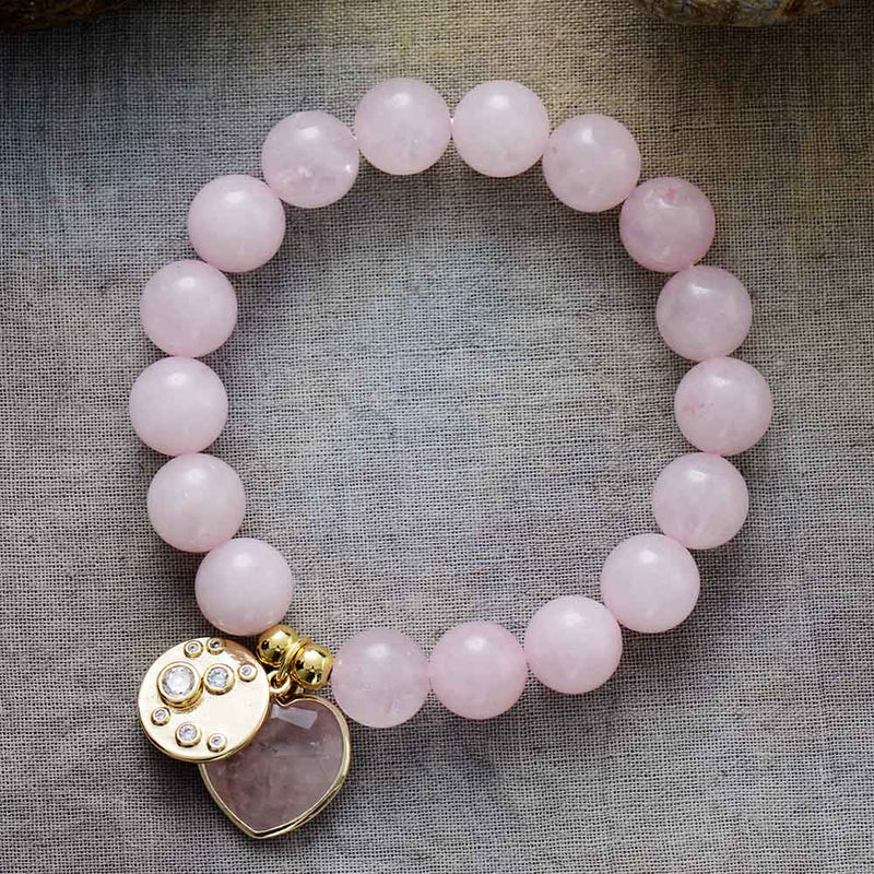 Rose Quartz Heart Charm and Beads Stretchy Bracelet - Allora Jade