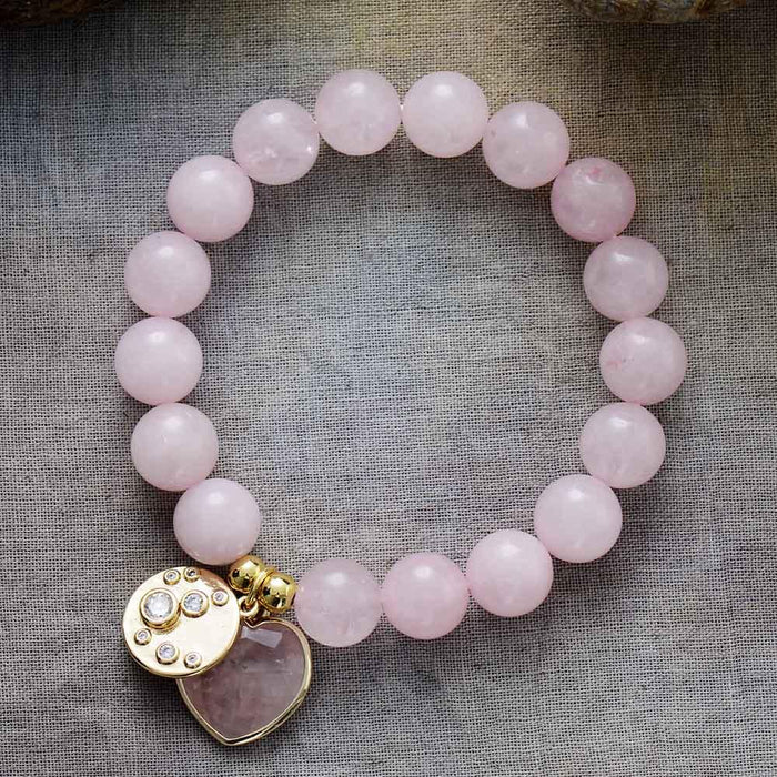 Rose Quartz Heart Charm & Beads Stretchy Bracelet - Womens Bracelets Crystal Bracelet - Allora Jade