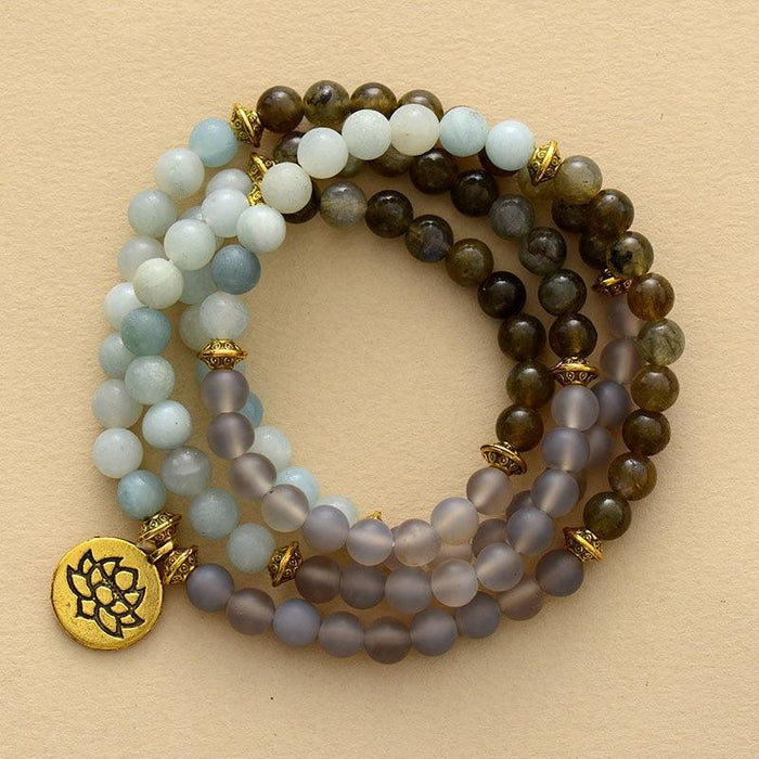 'Lotus' Charm Amazonite, Labradorite, Agate Stretchy Bracelet - Womens Bracelets Crystal Bracelet - Allora Jade