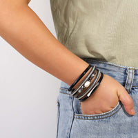 'Pearl' Charm & Rhinestones Cuff Bracelet - black | ALLORA JADE