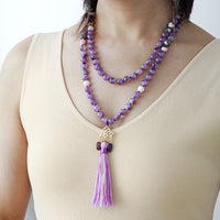'Lotus Pendant' Amethyst and Jasper 108 Mala Beads Necklace - Allora Jade