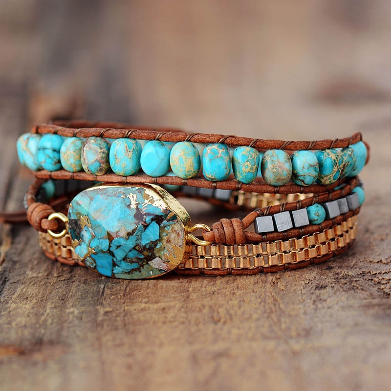 Blue Jasper Beads and Turquoise Charm Wrap Bracelet - Allora Jade