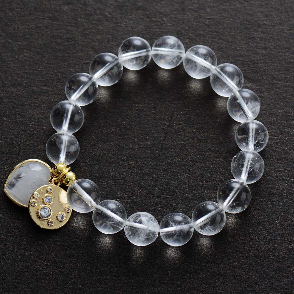 Clear Quartz Heart Charm and Beads Stretchy Bracelet - ALLORA JADE