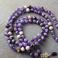 'Lotus Pendant' Amethyst and Jasper 108 Mala Beads Necklace - Allora Jade