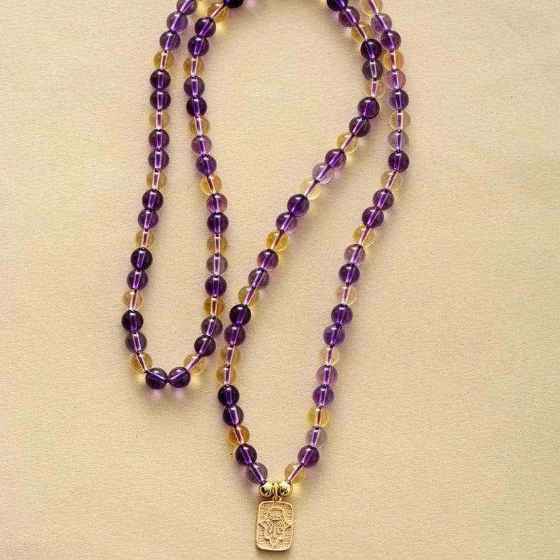 Hamsa Amethyst Citrine 108 Mala Beads Necklace - Womens Necklaces Crystal Necklace - Allora Jade
