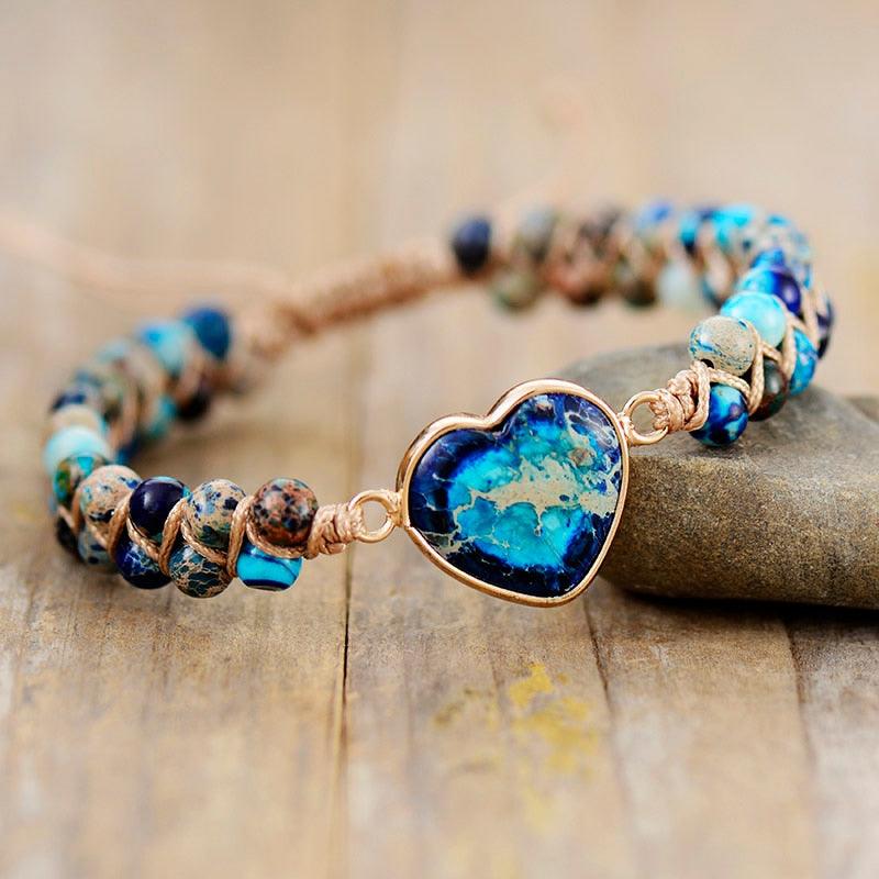 Jasper Heart Charm Braided Bracelet - blue - Womens Bracelets Crystal Bracelet - Allora Jade