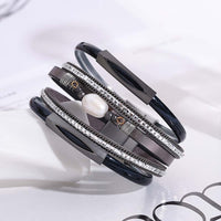 'Pearl' Charm & Rhinestones Cuff Bracelet - black | ALLORA JADE