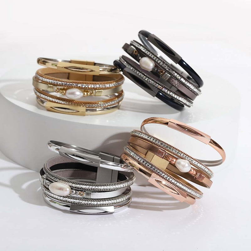 'Pearl' Charm & Rhinestones Cuff Bracelet | ALLORA JADE