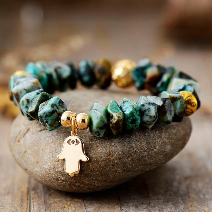 African Turquoise Stretchy Bracelet with Hamsa Charm - Allora Jade