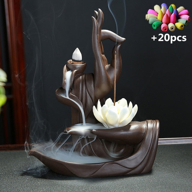 'Vitarka Mudra' Handmade Ceramic Waterfall Incense Holder Burner - Allora Jade