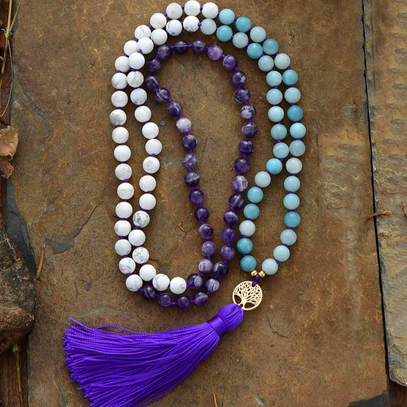 'Tree of Life' Amethyst, Howlite and Amazonite 108 Beads Mala Tassel Necklace - Allora Jade