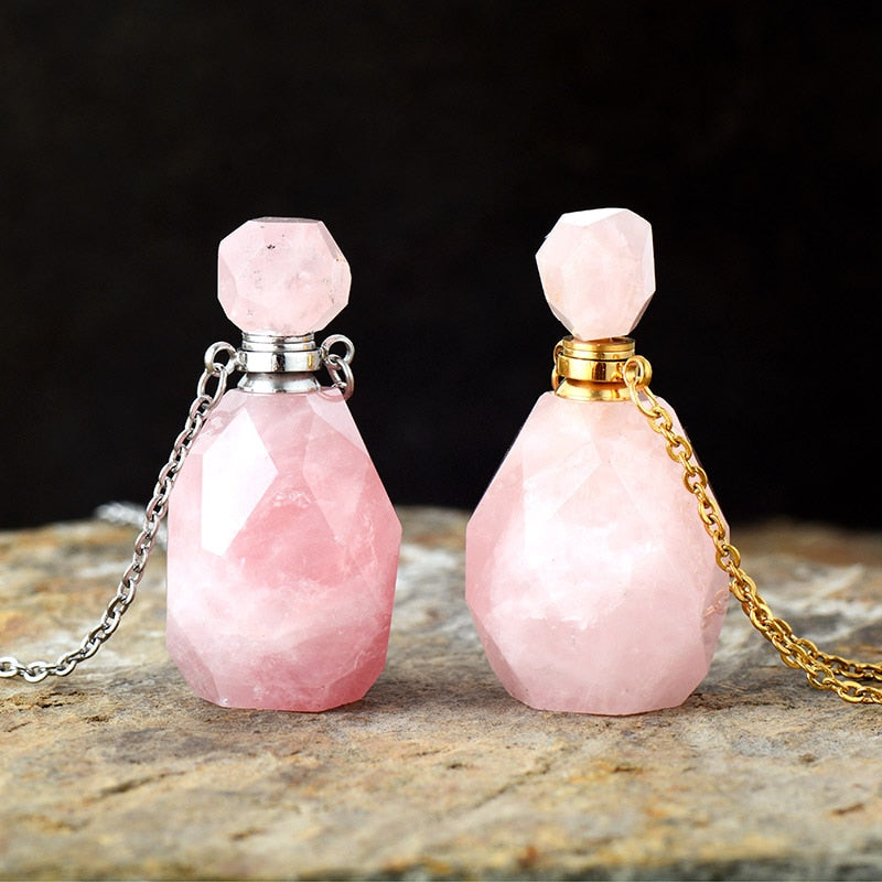 'Gamarra' Natural Rose Quartz Crystal Essential Oil Diffuser Bottle Pendant Necklace - Allora Jade