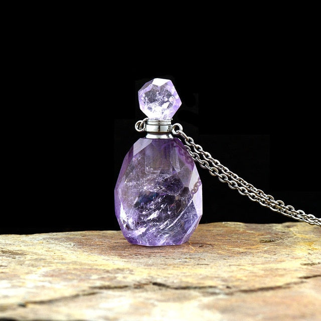 'Gamarra' Natural Amethyst Crystal Essential Oil Diffuser Bottle Pendant Necklace - Allora Jade