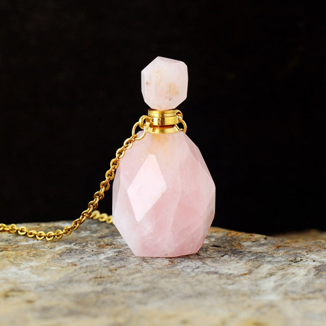 'Gamarra' Natural Rose Quartz Crystal Essential Oil Diffuser Bottle Pendant Necklace - Allora Jade