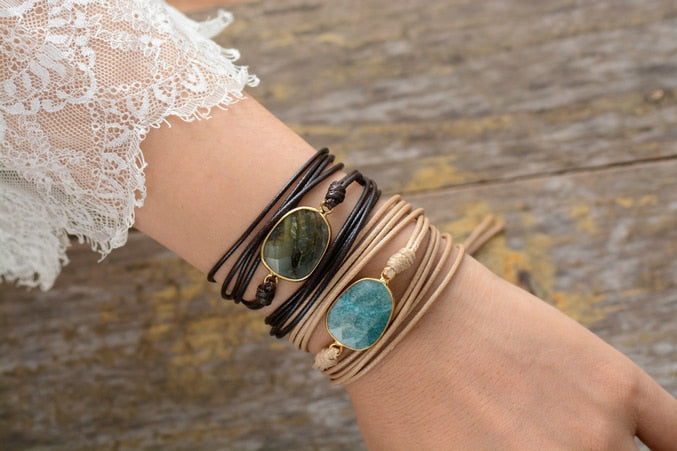 Bohemian Natural Gemstone Charm Wax Cord Wrap Bracelet - Allora Jade